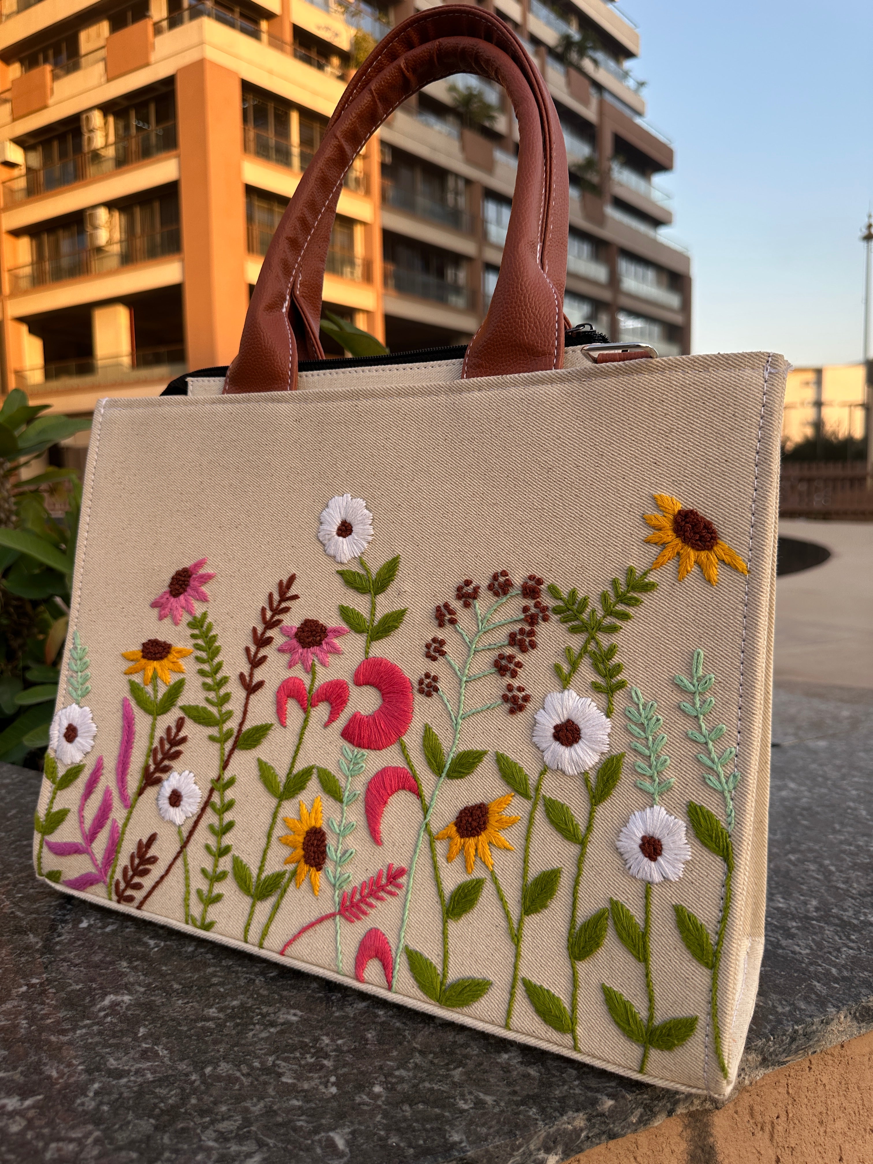 Elegant Hand-Embroidered Tote Bag with Shoulder Strap | vegosis