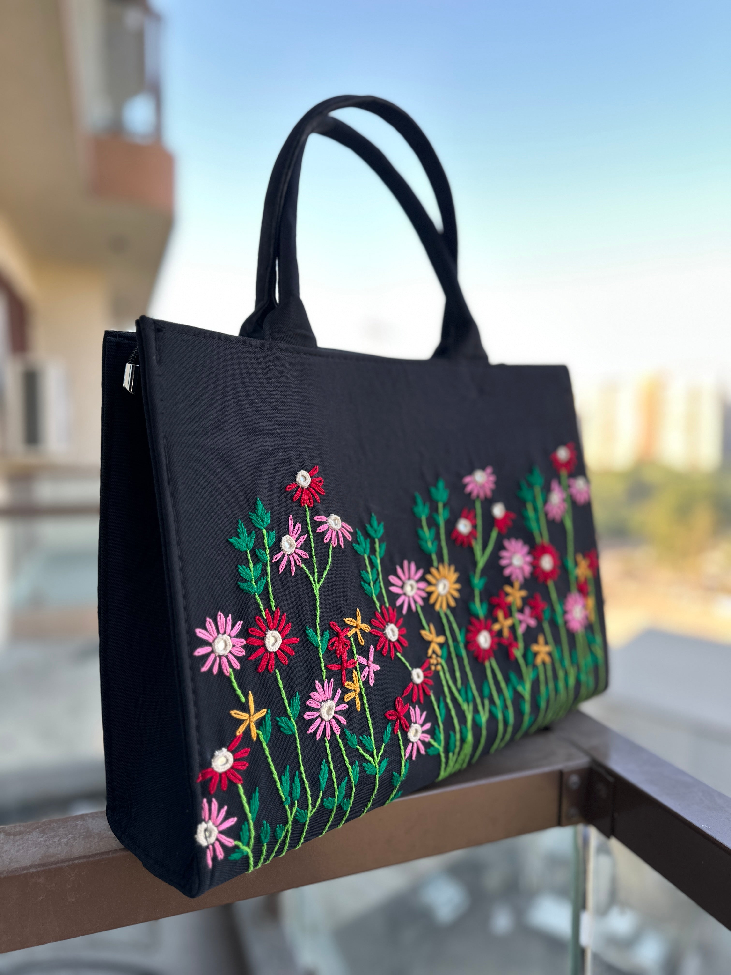 Black Canvas Hand Floral Canvas Tote Bag | vegosis