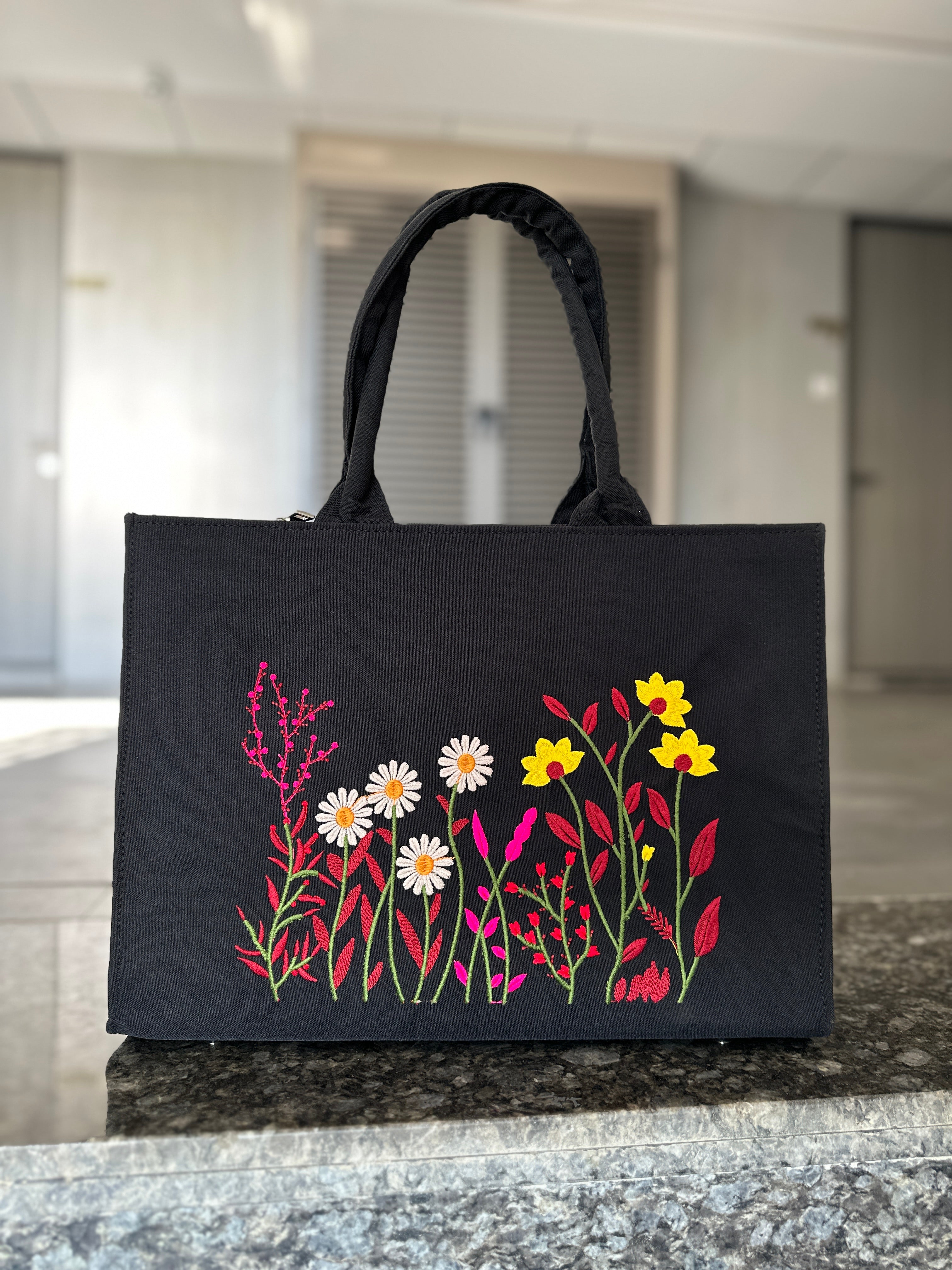 Hand-Embroidered Floral Canvas Tote Bag | vegosis