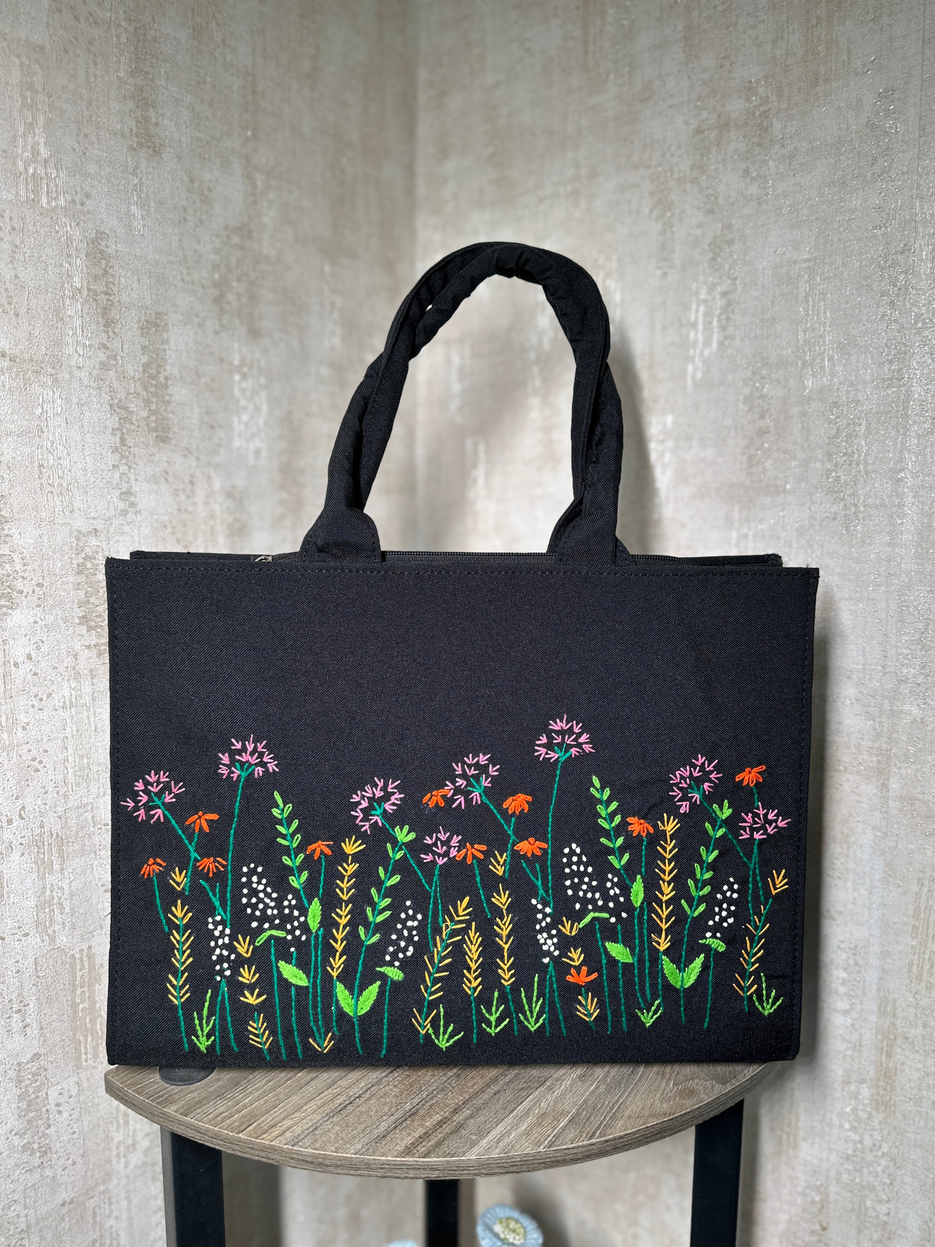 Handwork Wildflower Embroidered Canvas Tote Bag | vegosis