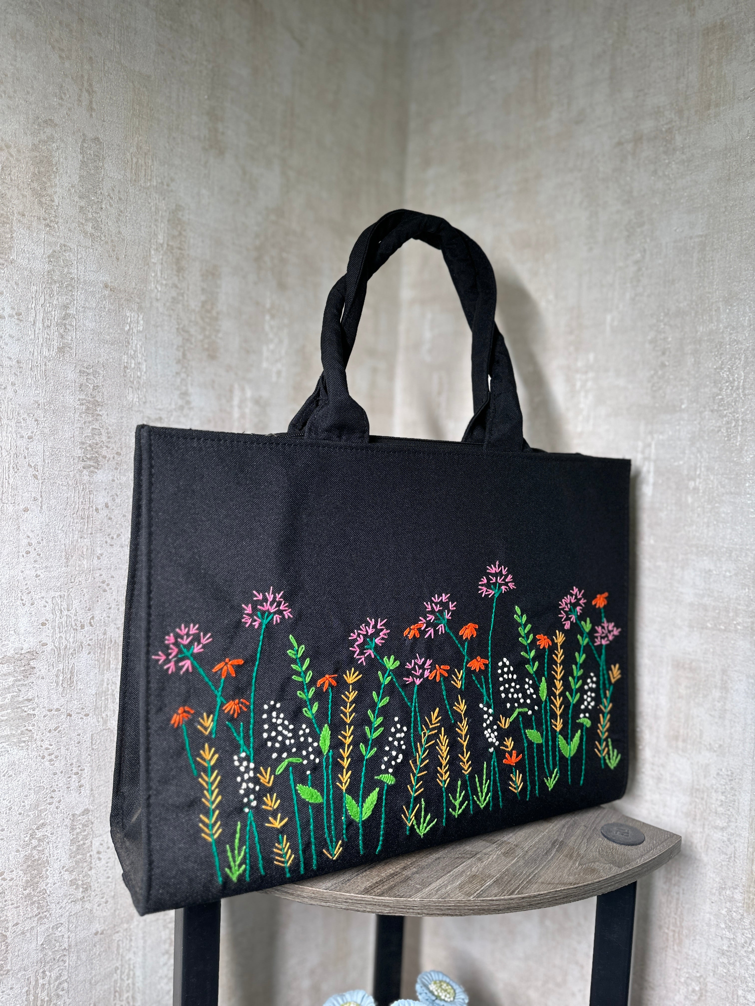 Handwork Wildflower Embroidered Canvas Tote Bag | vegosis