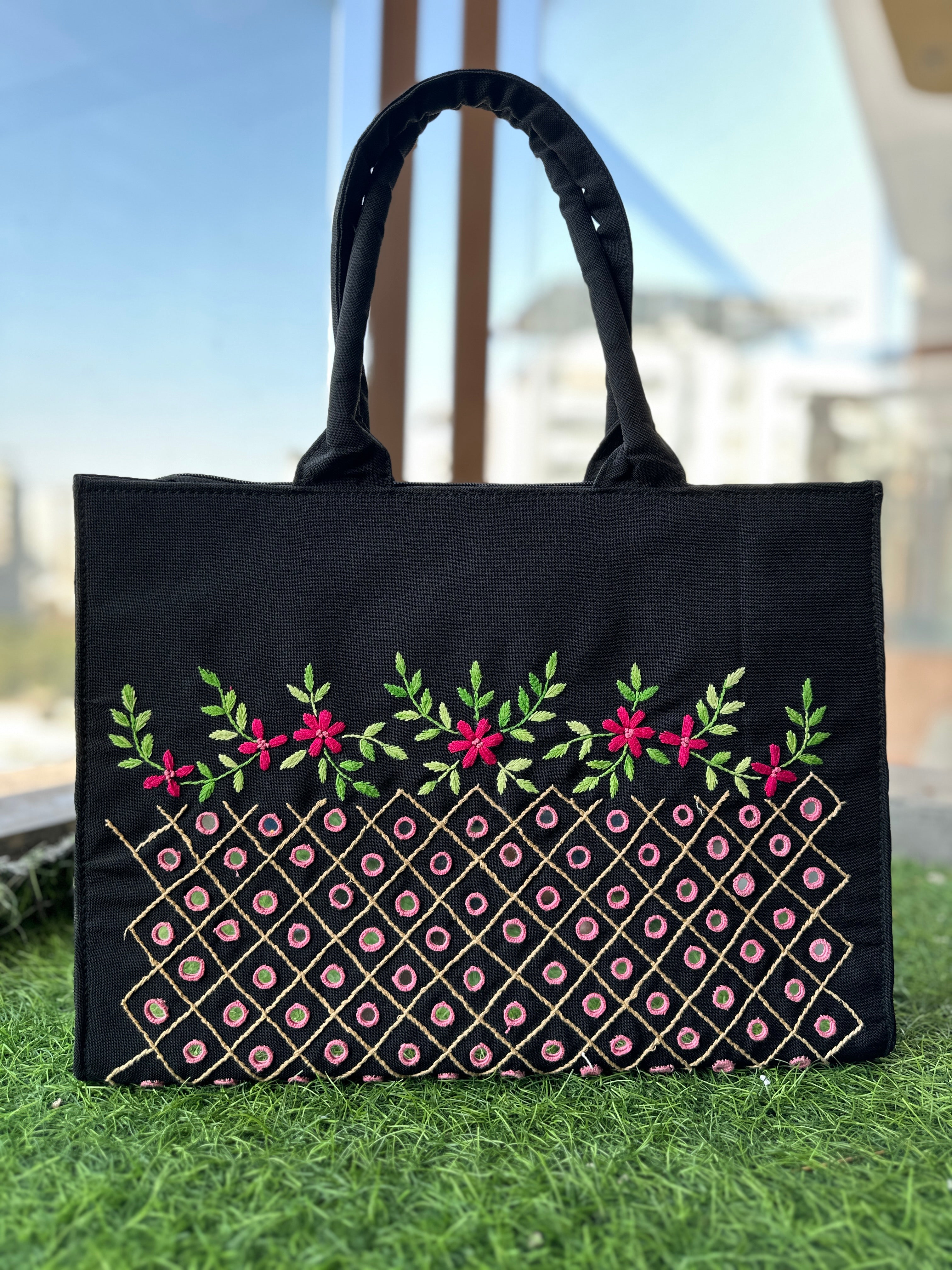 Handcrafted Floral Embroidered Canvas Tote Bag | vegosis