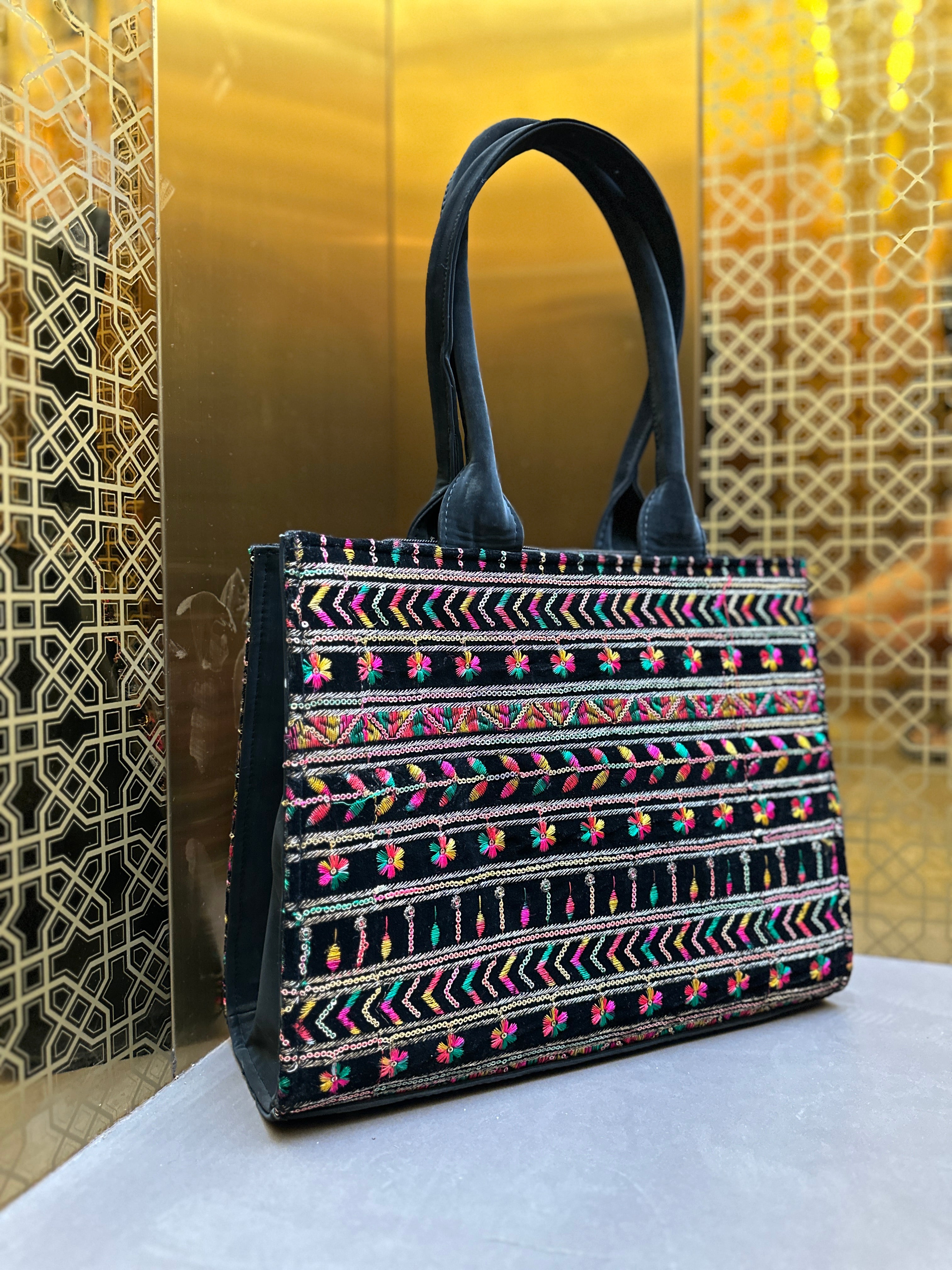 Premium Embroidery Dhaga Work Handbag with Leather Finish | vegosis