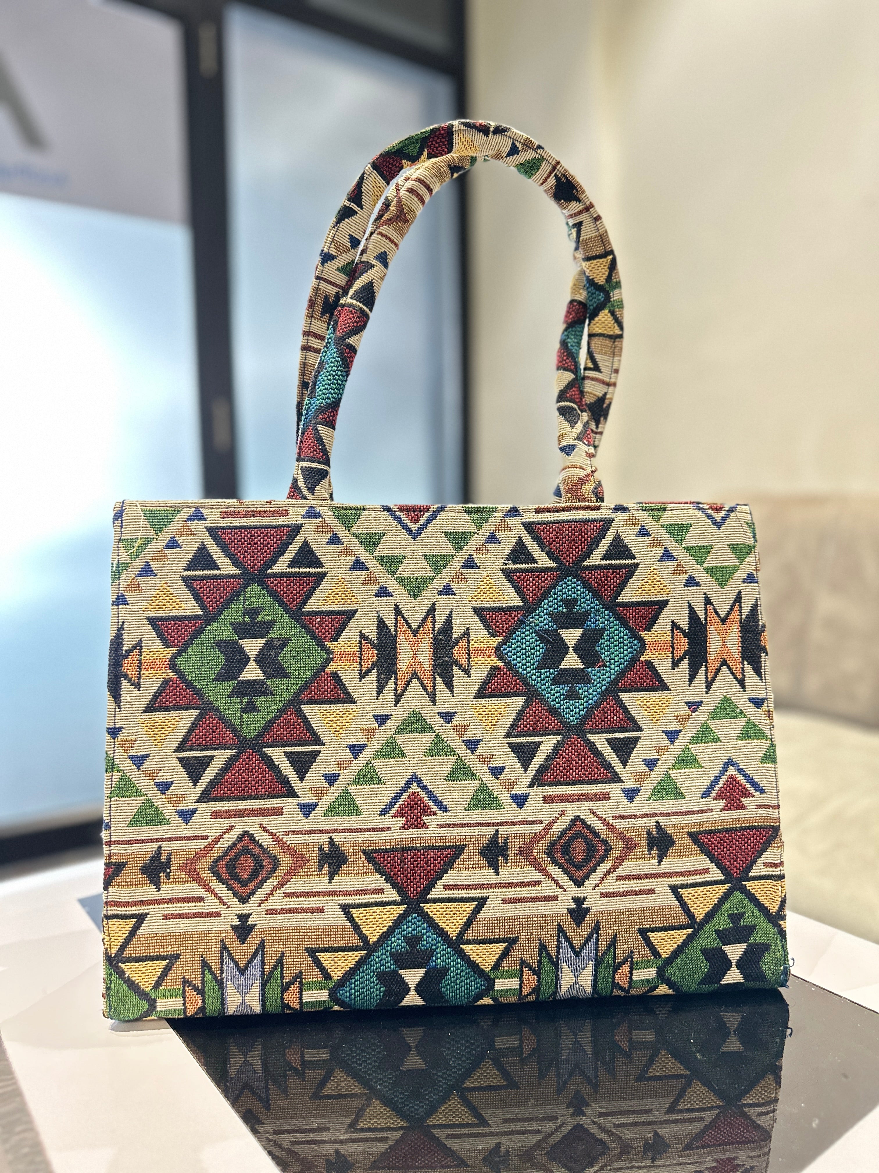 Handcrafted Multicolor Jacquard Handbag Inspired by Tribal Art | vegosis