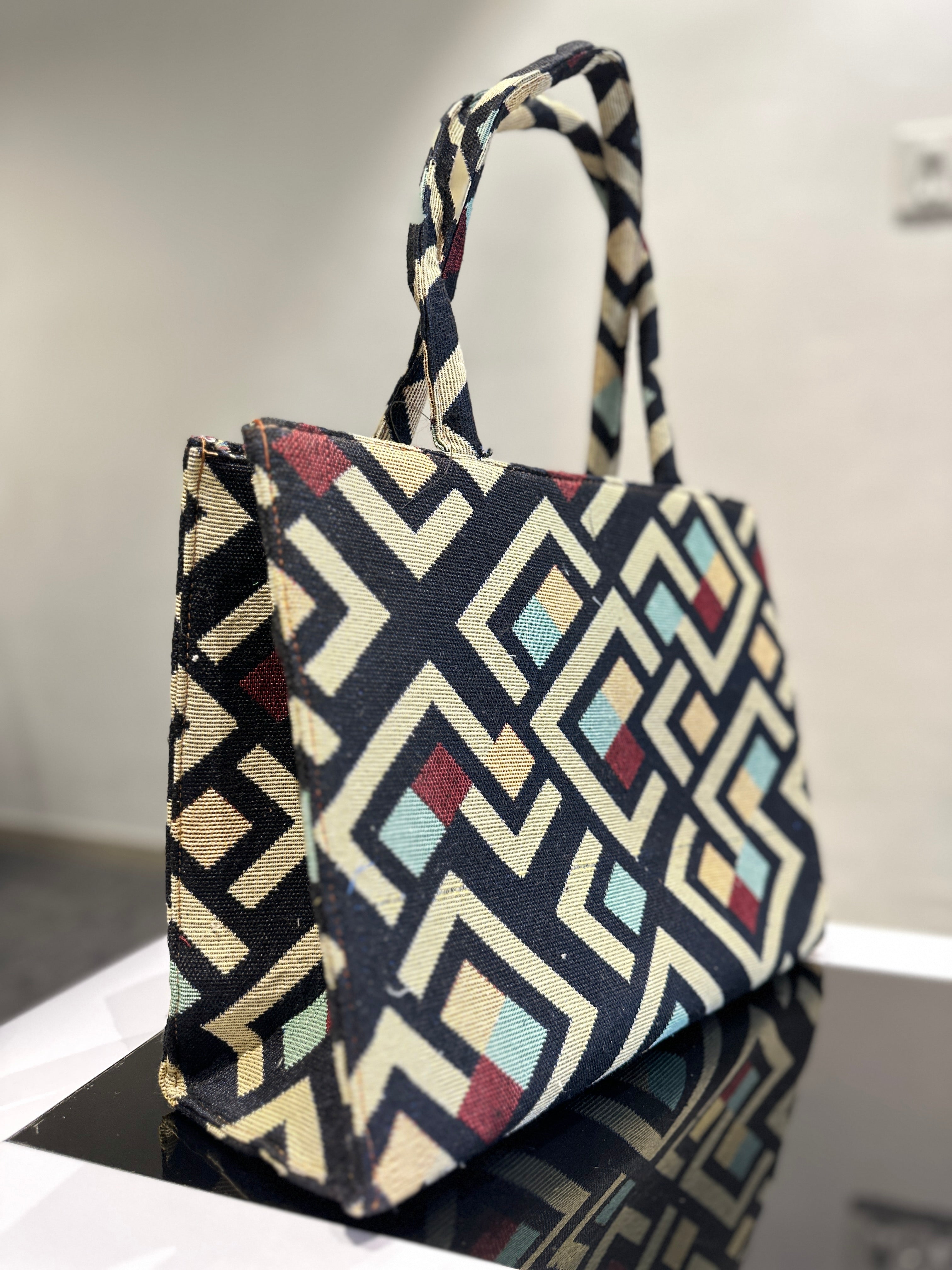 Premium Jacquard Handbag in Classic Geometric Pattern | vegosis